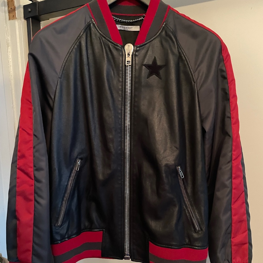 Givenchy slim fit leather and satin bomber jacket. Never worn
